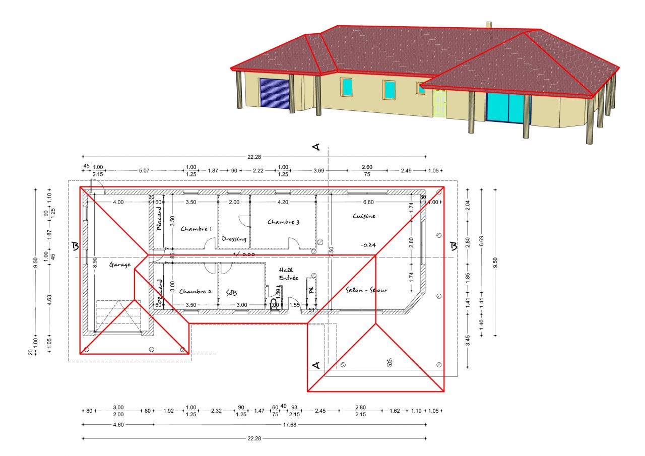 Besoin de conseils pour nos plans. On nous dconseille de mettre l avance de toit du garage au mme niveau de faitage que le toit de la maison car la toiture serait trop imposante et pas esthtique. (ps: ne pas faire attention aux colonnes qui ne sont pas encore alignes)
<br />

<br />
Tous vos conseils seront les bienvenus
<br />

<br />
Merci d avance