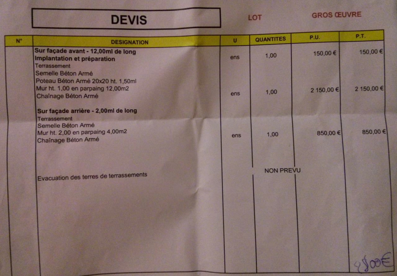 Devis pour muret   mur de  soutnement  l'arrire de la maison pour retenir la terre du voisin et le criblage de sable ncessaire au comblement du foss cr pour mettre un frein en limite de proprit (chez le bouffon donc).