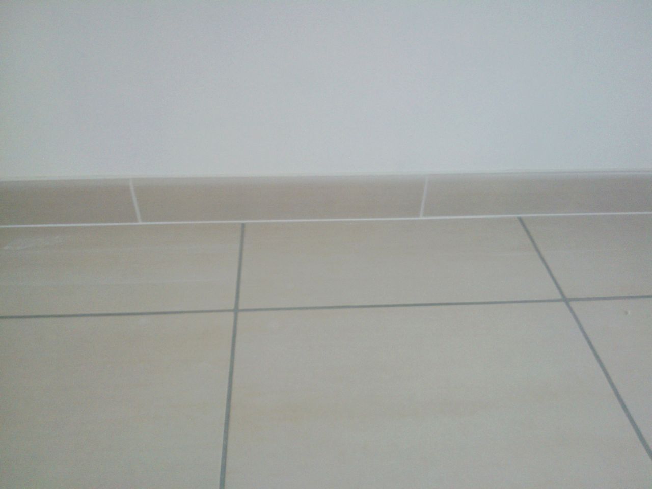 Le carreleur a choisi de faire des joints gris clair pour les carreaux et blanc pour les plinthes. Les plinthes sont aussi volontairement décalées et pas alignées sur le joint des carreaux. le carreleur m'a proposé cette pose car il trouve ça plus esthétique et suis daccord avec lui (question de goût).