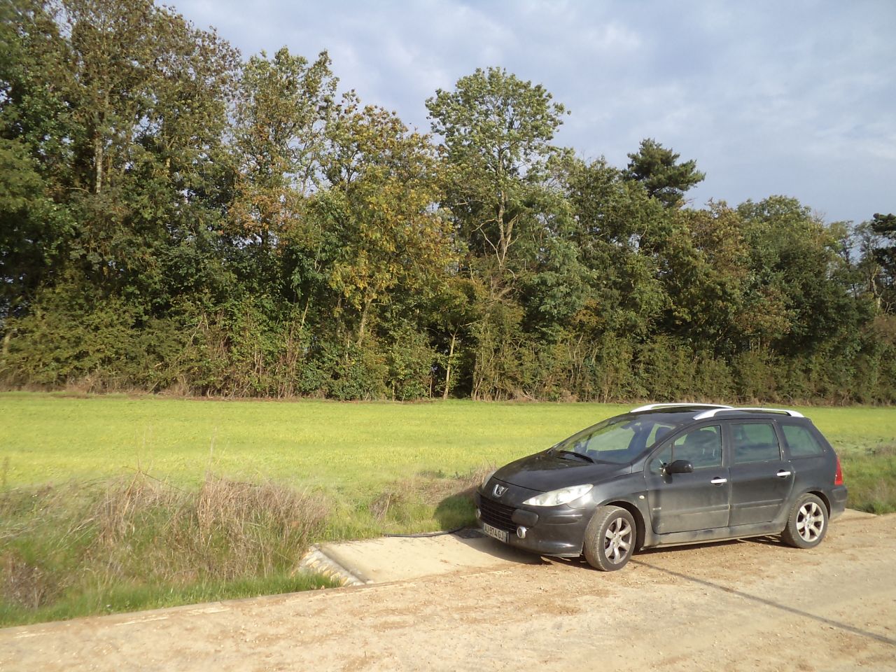 La voiture se trouve a l'entre de notre terrain, nous avons un bout de terrain de 5m par 30m dans le champs. La maisson de trouvera derrire le bandeau d'arbre que nous allons abattre.