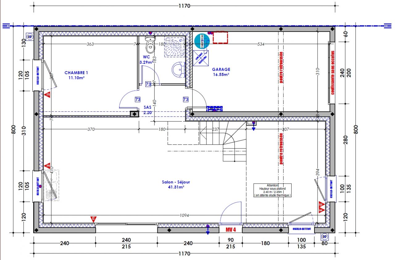 Notre rez-de-chausse
<br />
Un espace ouvert avec cuisine ouverte  gauche, salle  manger au centre et salon  droite. 
<br />
Une chambre.
<br />
WC avec possibilit,  l'avenir de faire une douche et un lavabo.
<br />
Garage