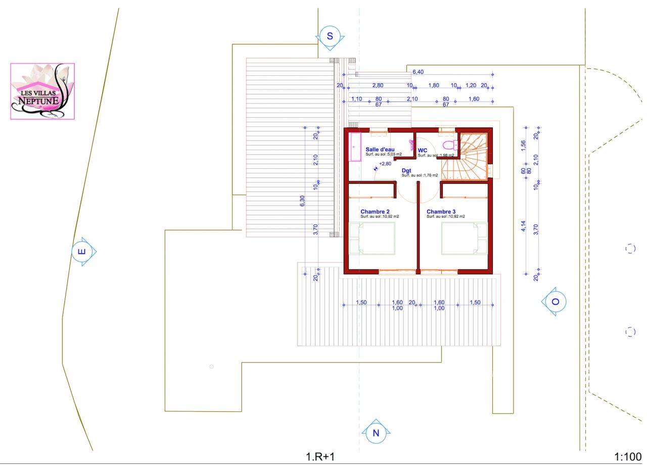 Plan de l'tage.
<br />

<br />
Fentre coulissantes  deux ventaux, j'ai fait ramener les commandes des volets roulants lectriques  la tte de lit, pour un rveil en douceur