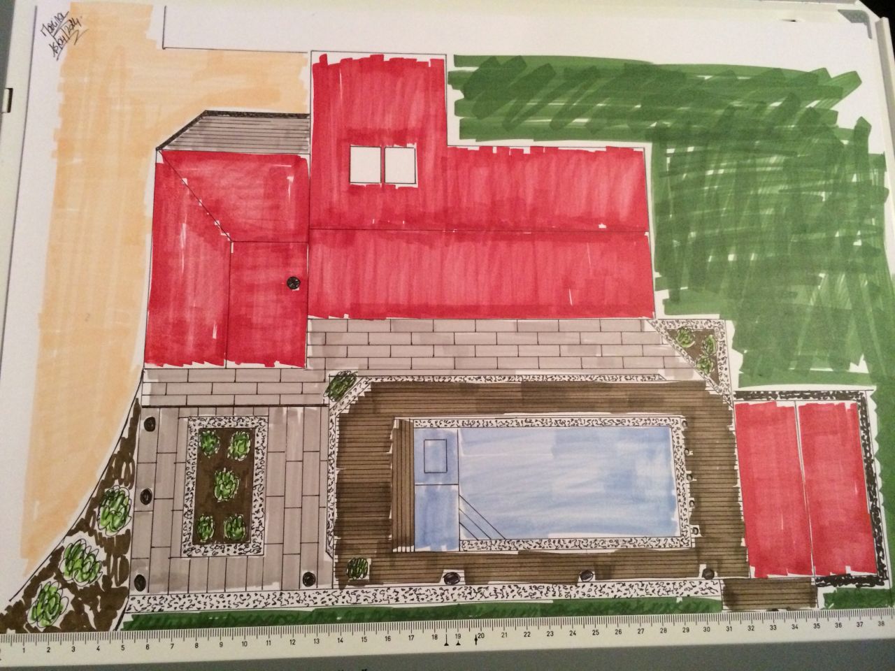 Dessin exemple disposition de notre futur jardin!! (Dans10 ans peut tre ) 
<br />
Couleur toiture et herbe pas joli mais j'avais pas mieux :(