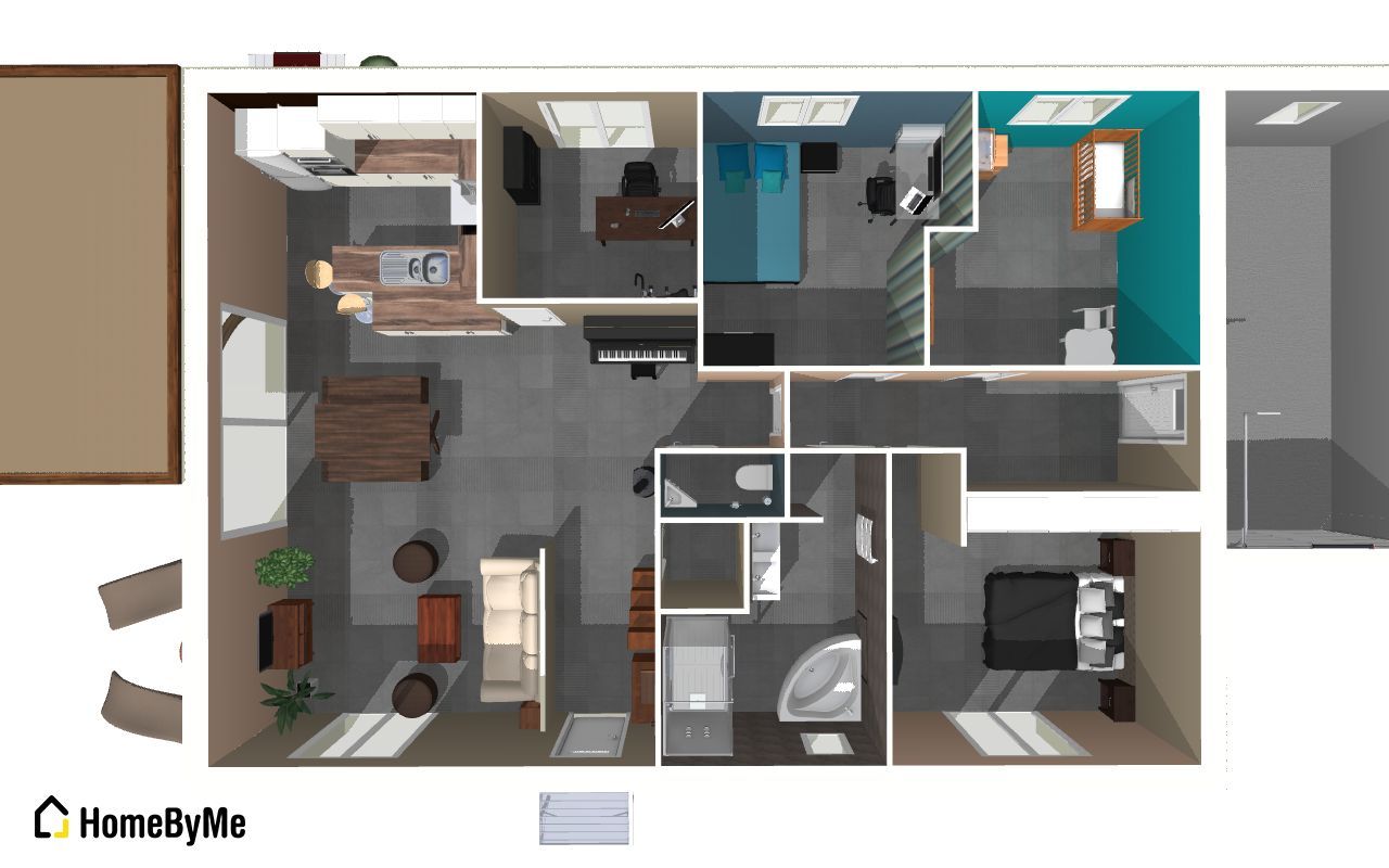 Vue d'ensemble en 3D de notre maison une fois meuble:
<br />
Ne pas tenir compte des couleurs des murs qui ne sont pas encore dtermines...