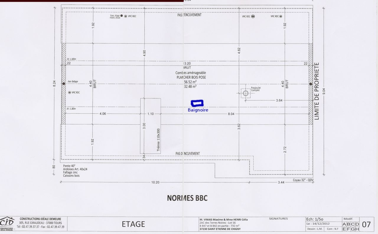 Emplacement souhait de la baignoire  l'tage