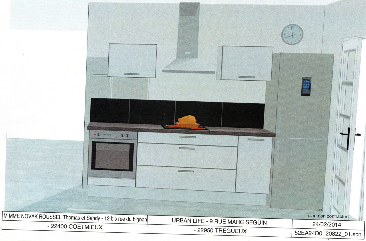 plan de la future cuisine avec Cuisinella
<br />
meubles blanc laqu et plan de travail anthracite 
<br />
pan de mur cote cuisson