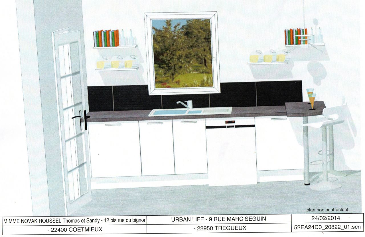 plan de la future cuisine avec Cuisinella
<br />
meubles blanc laqu et plan de travail anthracite 
<br />
pan de mur cote eau