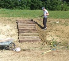 Réalisation de l'escalier dans la butte côté sud-est avec des traverses de chemin de fer récupérées : les traverses ont été coupées en deux.