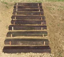 Réalisation de l'escalier dans la butte côté sud-est avec des traverses de chemin de fer récupérées : les traverses ont été coupées en deux. On a mis des petits piquets devant le temps de terminer le terrassement de la butte et le tour de l'escalier pour qu'il soit stabilisé