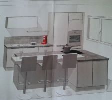 Voici la cuisine avec îlot central. ton magnolia brillant pour les portes, béton pour le plan de travail et magnolia pour le plan snack.