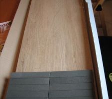 Carreau imitation parquet pour mettre derrière la colonne de douche (30*120) mais pas sûrs que ce soit jouable (très lourd)..et en gris la "frise" qu'on pensait utiliser aussi dans la salle de bains...