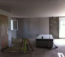 Vue sur la porte d'entr&eacute;e et le salon, une partie de la baie vitr&eacute;e qui sera dans la salle &agrave; manger.