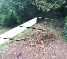 Matérialisation (grossière) de l'emplacement du mur, qui démarre contre la cloture à droite du terrain.