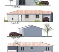 Voici les différentes façades de la maison. 
Crépit : 
Gris souris G30 sur la maison
Gris cendre G50 pour la façade et le coté mitoyen du garage   le porche