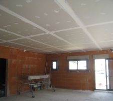 Pose des plaques de plâtre  plafond pour le test infiltrométrie