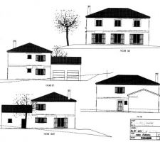 Les vues des 4 façades. Encadrement en surépaisseur pour porte d'entrée et les 3 fenetres de l'étage sud.