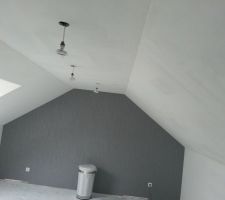Vu sur chambre parental 20m2, tete de lit en papier peint, 3 spot encastrés pour l'eclairage