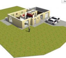 Vue d'ensemble (sans l'étage) de la maison sur le terrain. Projet réalisé avec le logiciel HomebyMe.