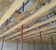 Vu du RDC du garage ; les &eacute;tais sont fix&eacute;s &agrave; des planches pour ne pas qu'ils glissent