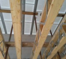 Vu du RDC du garage ; les &eacute;tais sont fix&eacute;s &agrave; des planches pour ne pas qu'ils glissent