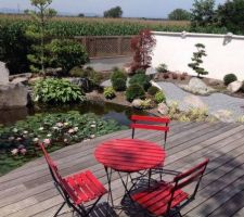 Vue sur le bassin et jardin japonais