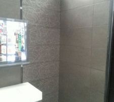 Carrelage des murs de la salle de bain avec les mêmes en blanc pour la douche à l'italienne