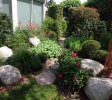 Massif de valérianes accolé à la véranda côté Sud et hortensias