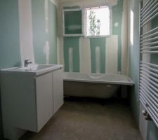 Salle de bains. Jour de la remise des clés.
Phénix a promis de venir terminer le carrelage et la faïence après les congés du mois d'août.