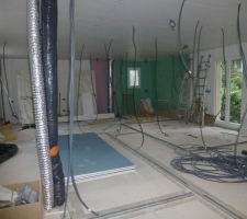 Etage en cours, plaque couleur verte pour les SDB, rose pour coupe-feu et bleu isophonique