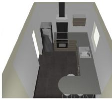 Vue 3D de la cuisine UNIK chêne gris chez castorama avec plan de travail Mika. L'évier sera noir