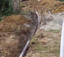 Départ de la maison, avec bac à graisse, entrées et sorties d'eau de ville   eau du puits   évacuation vers la future fosse
