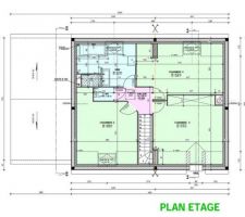Plan de l'étage. 
Chambre 3 et 4 élargies de 0,50m.
Chambre 2/salle de bain élargies de 0,50m. 
Création d'une douche dans la SDB.