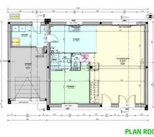 Plan du RDC. Séjour/salon élargis de 0,50m. Cuisine/chambre 1/salle d'eau élargies de 0,50m. Garage élargi de 0,50m. Garage agrandi en profondeur de 0,50m Création d'un cellier.