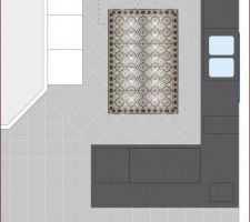 Positionnement du tapis de carrelage de la cuisine.