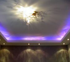 Vue partiel du plafond éclairage lustre   corniche   spot