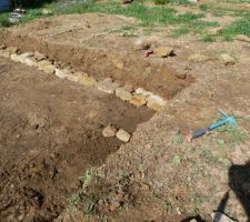 Implantation du futur potager....
Après le décaissement pour créer une terrasse pour deux carrés, début d'un muret en pierres sèches