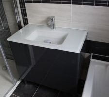 Meuble en 80cm, vasque en verre blanc, double tiroir.
Nous mettrons bien plus tard le miroir et le robinet de douche à l'italienne ...