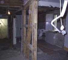 Vue de l'ancienne cuisine.
  A noter que sur le sol on aperçoit une porte.
  en fait cette porte masque un trou communiquant avec la cave du dessous. Ce trou que j'ai fait m'a permis d'évacuer tous les gravats en les jettants dans la cave, puis évacuation a la dechetterie. 
  Il m'a également permis de monter tous les matériaux grace a un palan accroché au grenier