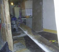 C'est parti on attaque. Le plancher ou va etre installé la nouvelle cuisine n'est pas plat.
  J'arrache donc les anciennes planches pour tout remettre a niveau.
  Le palan m'a bien aidé pour tout arracher!!!