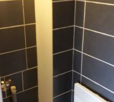 Côté non carrelé car le meuble ne pourrait pas rentré.
