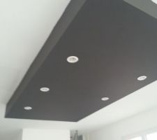 Décroché plafond avec spots. La hôte y sera accrochée : hôte Elica modèle Juno blanche.