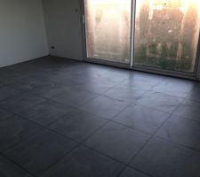 Et voilà ! Carrelage Griegio 60x60 gris clair avec joints gris clairs. Bon là, on dirait gris foncé avec joints gris foncés mais la lumière était pas top. Les joints devraient s'eclaircir d'ici quelques mois, le temps que ça sèche.