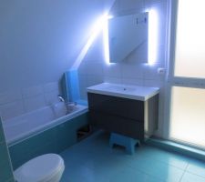 Salle de bain principale côté baignoire lumière led allumée