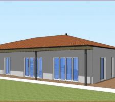 Voilà à quoi pourrait ressembler la maison... J'aimerai pouvoir ajouter une terrasse à l'est côté cuisine et salle à manger...
Vue en plein été avec l'ombre de l'avancée du toit.
