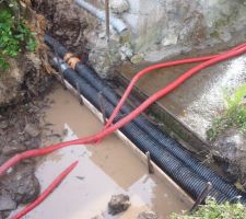 Installation des gaines de 250 pour passer sous le ruisseau  70 cm de profondeur