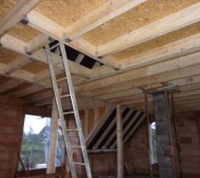 Plafond en osb et trappe d'accès au grenier