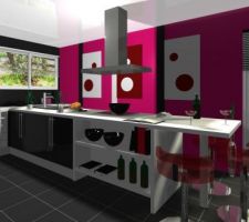3D du projet pour la cuisine, en forme de "T". Une étagère est intégrée aux meubles, car cette partie sera visible du salon, elle fait le lien entre la cuisine et le salon/salle à manger.