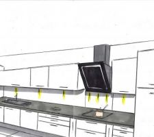 Nous sommes allés chez STYL'CUISINES, ils ont l'air super!
Plan de la cuisine dessiné à la main.
Le plan est trop grand je n'arrive pas à le scanner en entier mais la cuisine se finit avec 2 colonnes de chaque côté, nous avons voulus une grande cuisine très fonctionnelle.