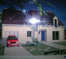 Image virtuel de ma future maison.(la voiture en moins)et la porte sera blanche aves 3 triangles