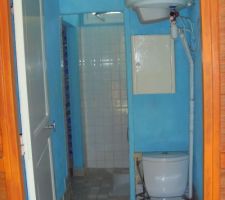 Salle de bain avant toute rÃ©novation... La douche derriÃ¨re les WC. A gauche le lavabo dont le renfoncement dans le mur empiÃ©tait sur l'espace attribuÃ©e Ã  la chambre. L'ouverture de la porte (vers l'intÃ©rieur) faisait perdre un espace monstrueux : impossible de mettre un quelconque rangement.
Le top : 11 carrelages diffÃ©rent dans la mÃªme piÃ¨ce...